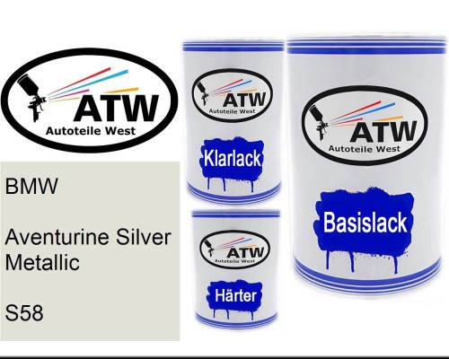 BMW, Aventurine Silver Metallic, S58: 500ml Lackdose + 500ml Klarlack + 250ml Härter - Set, von ATW Autoteile West.